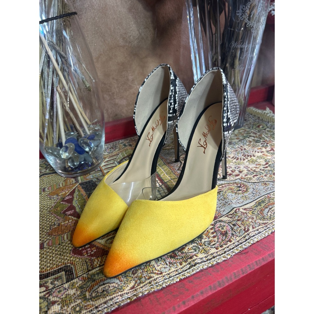 FOWT Pointed Toe Stiletto Heels Yellow Suede Snakeskin Accent Women's Size 8.5